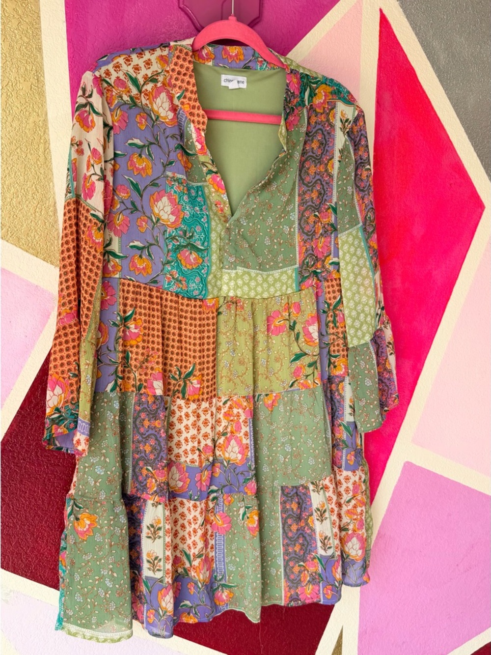 Chloe+Rene Maxi Patchwork Floral Mini Dress in Green Multi